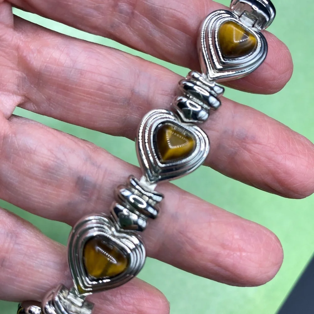 Silver Tone Heart Bracelets Pair Stretchy & Natural Tigereye
